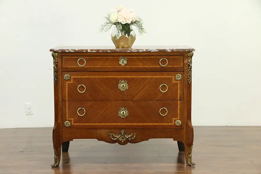 Main image of French Antique Inlaid Banded Linen Chest, Dresser or Commode, Marble Top