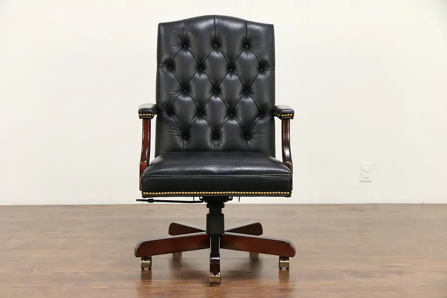 Main image of Leather Swivel Adjustable Desk Chair, Cherry Base, Brass Nails, Jasper
