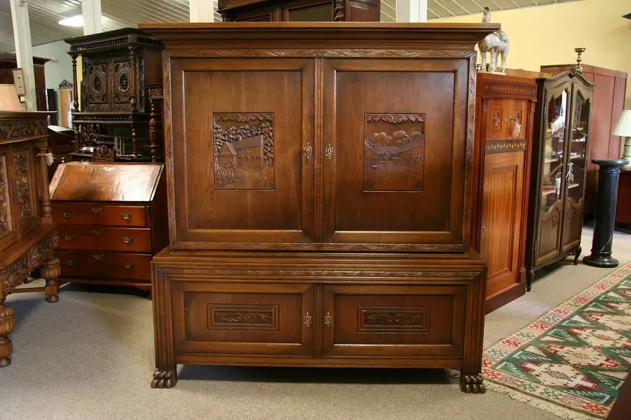 Main image of Oak Cabinet, Carved Swiss Alpine Village Scene