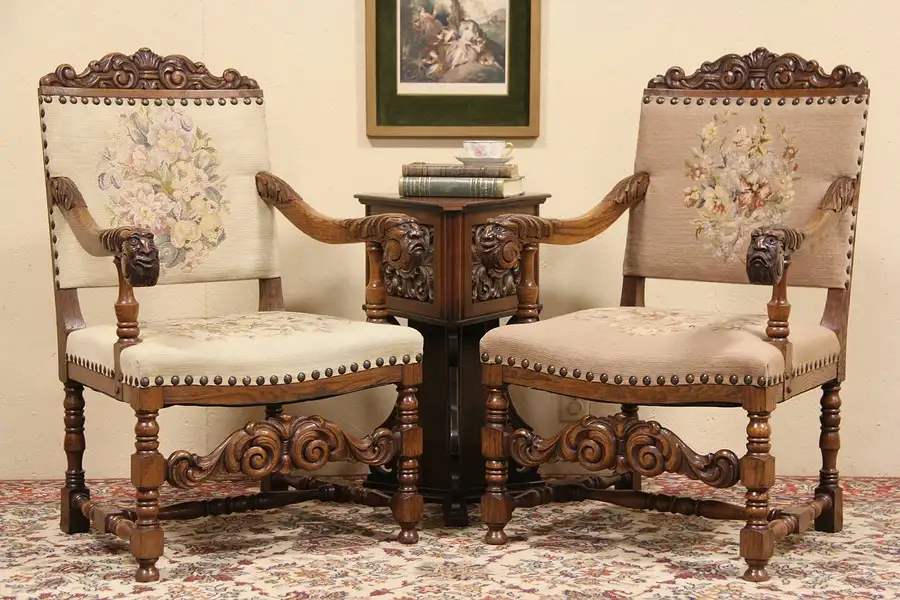 Main image of Pair of Carved Oak 1900 Armchairs, Happy & Sad Faces