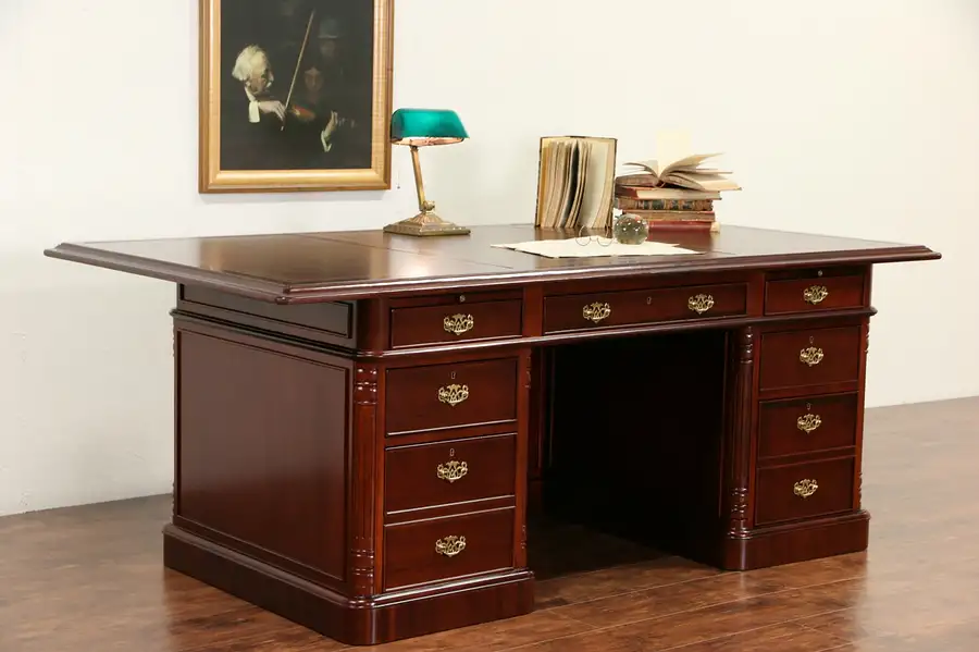 Main image of Executive or Library 6' 10" Traditional Desk, Signed Mahogany & Leather