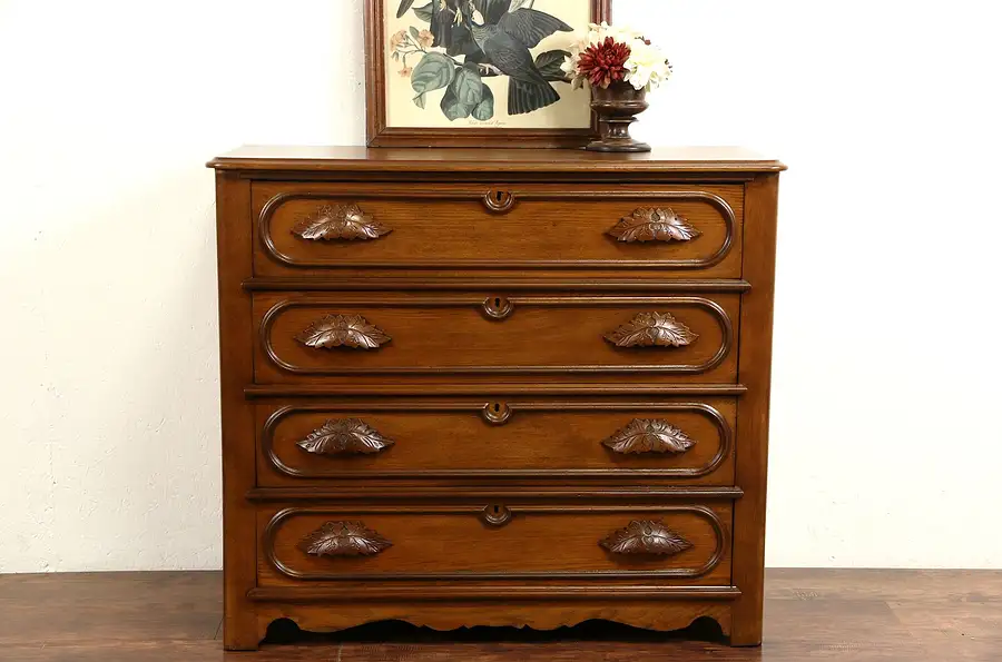 Main image of Victorian 1865 Antique 4 Drawer Ash Chest or Dresser, Carved Pulls