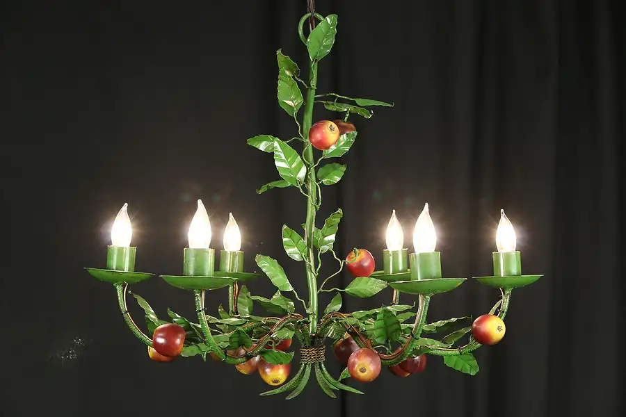 Main image of Italian Wrought Iron Vintage 6 Light Chandelier, Hand Painted Apples