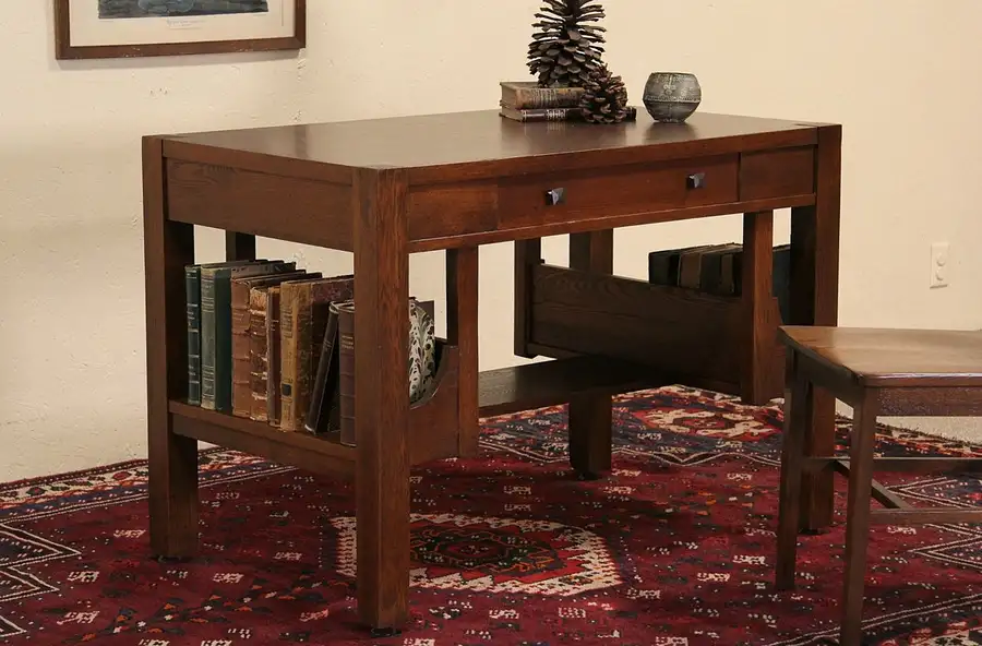 Main image of Arts & Crafts Mission Oak 1905 Antique Library Table Writing Desk, Bookshelf End