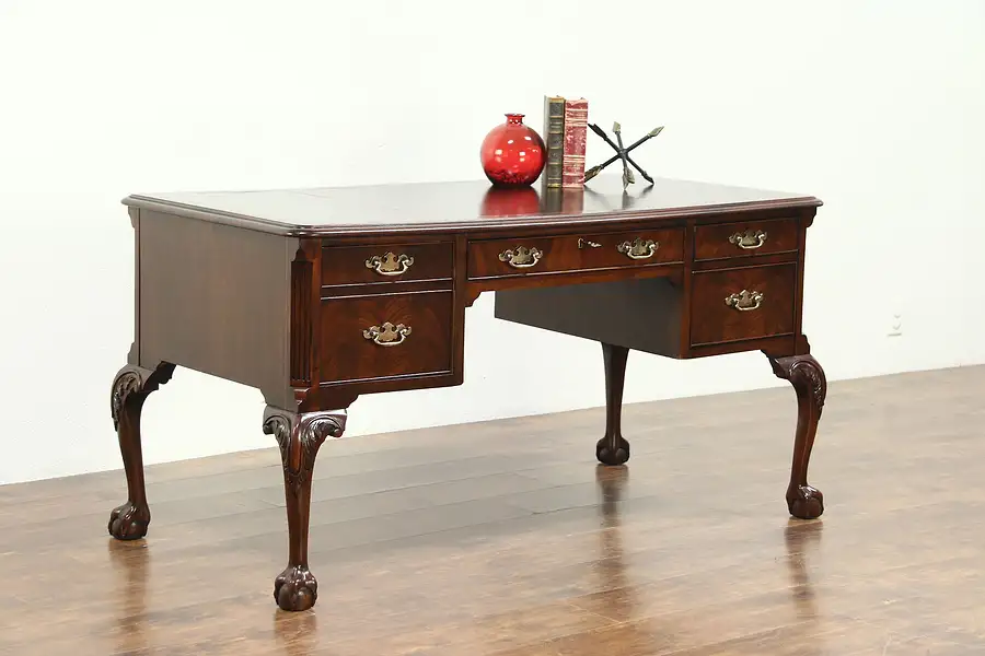 Main image of Georgian Style Mahogany Library Writing Desk, Claw & Ball Feet, Signed Hekman