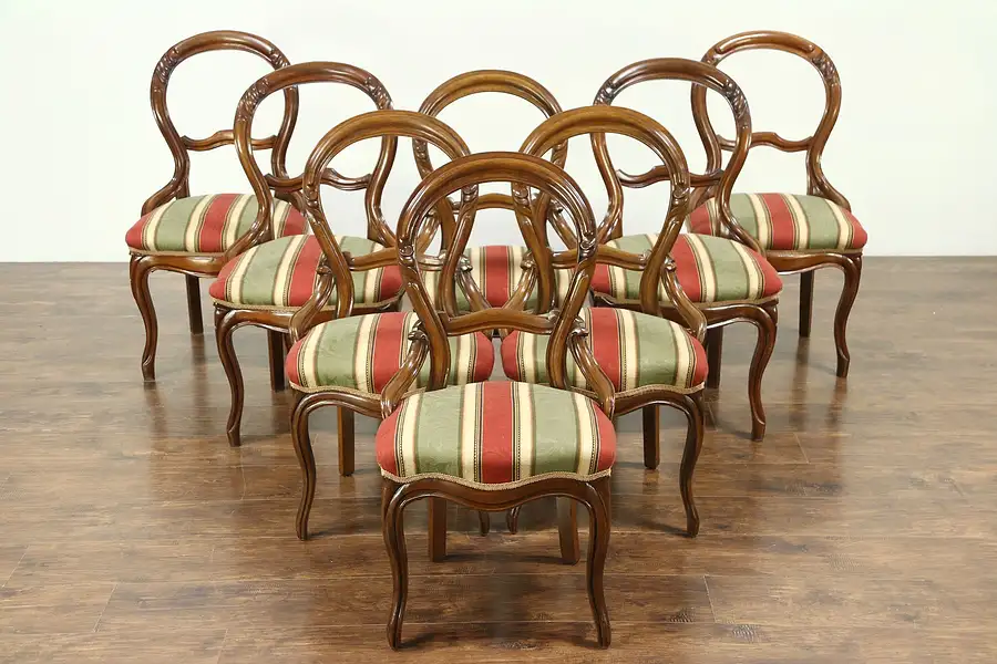 Main image of Victorian Set of 8 (4+4) Antique 1860's Carved Walnut Dining Chairs