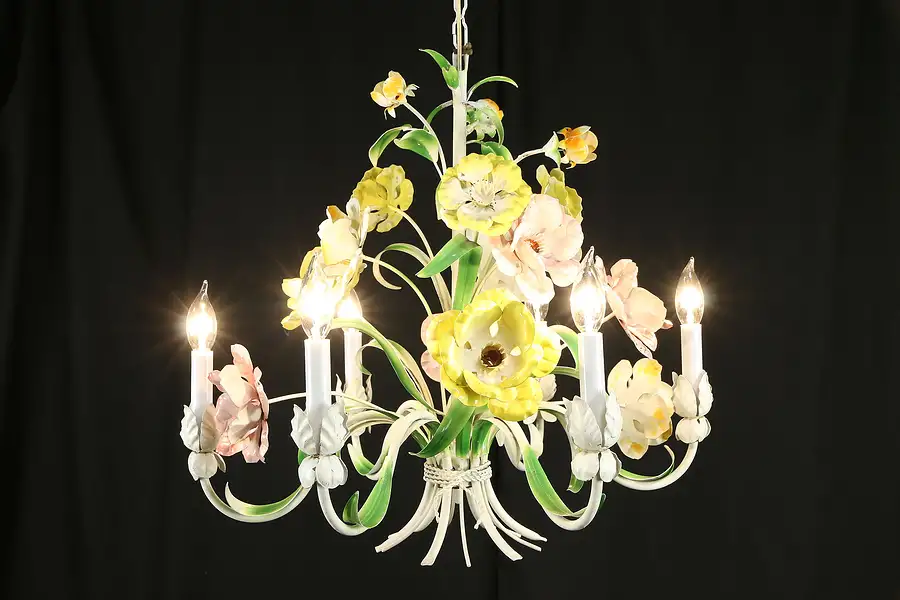 Main image of Wrought Iron Vintage Italian Chandelier, Hand Painted Flowers 24"