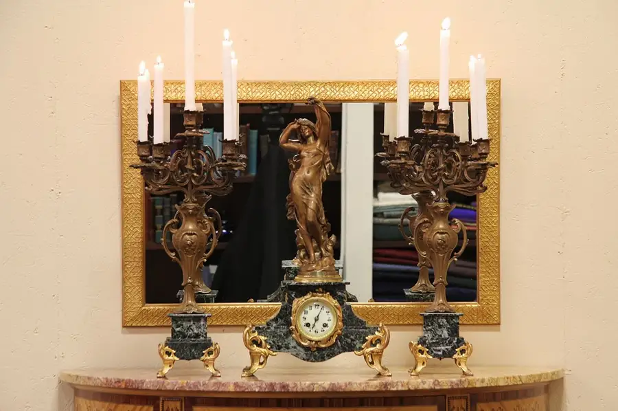 Main image of French Marble Mantel Clock Set Moreau Sculptures