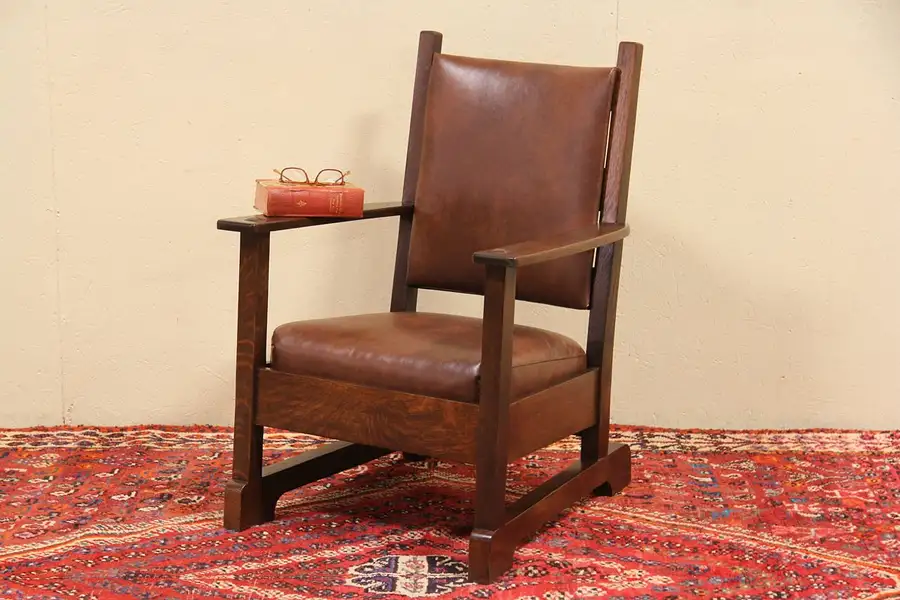 Main image of Limbert Signed 1905 Antique Arts & Crafts Leather Chair