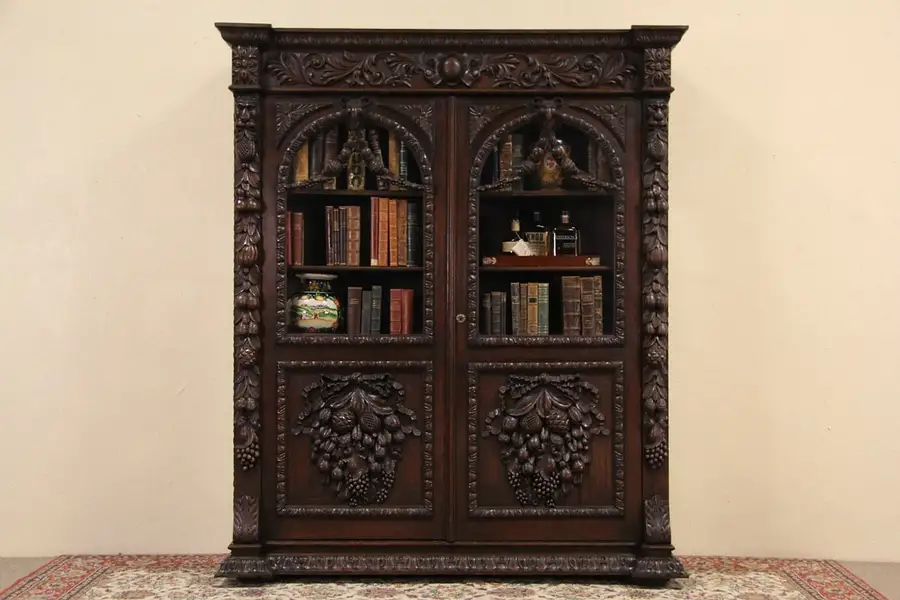 Main image of Renaissance or Black Forest 1890 Antique Carved Oak Bookcase or China Cabinet