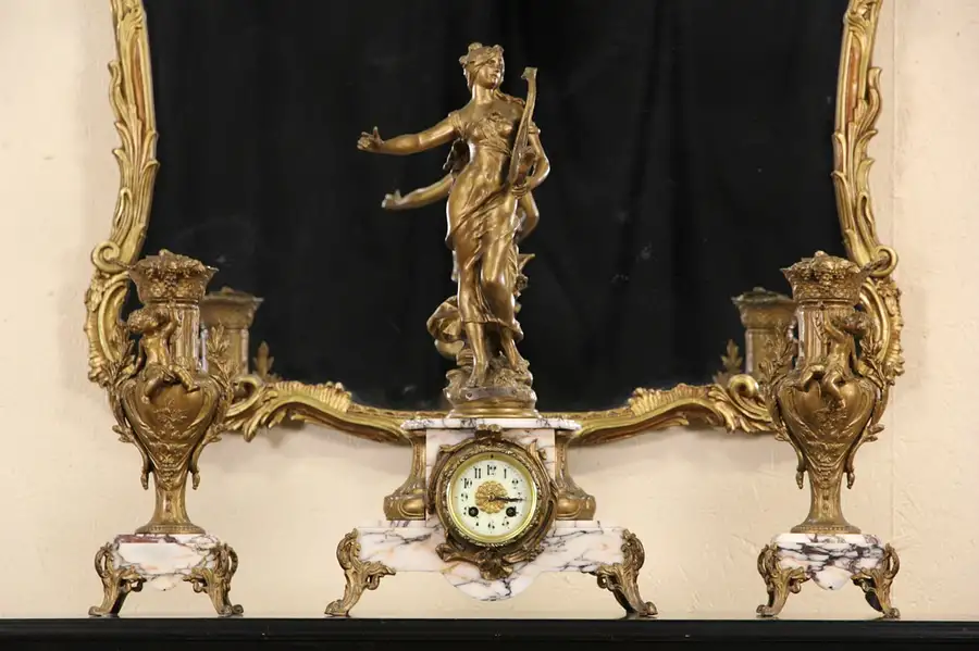 Main image of French Marble 1890's Antique Mantle Clock Set, Signed Moreau Harp Sculpture