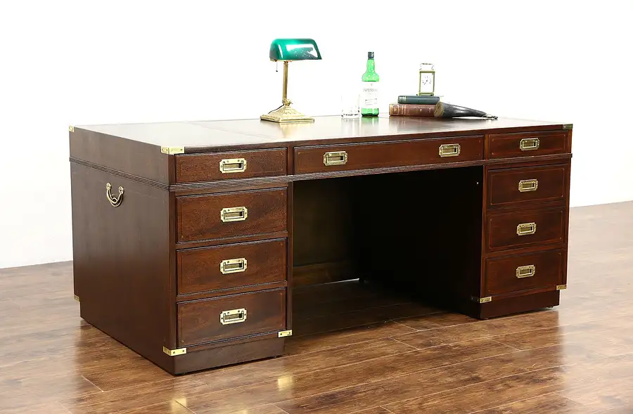 Main image of Kittinger Signed Executive or Library Vintage Campaign Desk, Gold Tooled Leather