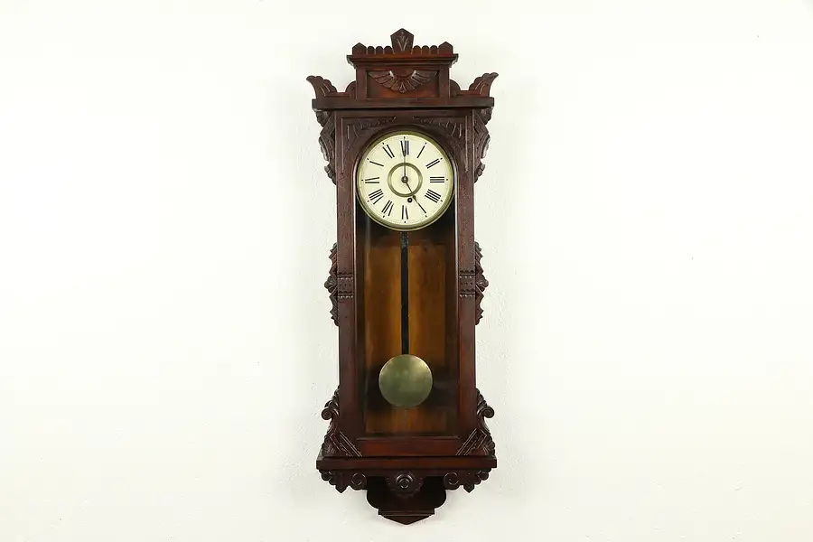 Main image of Victorian Antique Walnut Wall Clock, All Original Signed Ansonia NY