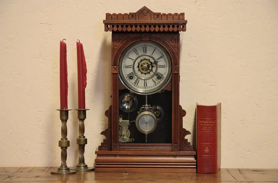 Main image of Victorian Eastlake Walnut Waterbury Clock