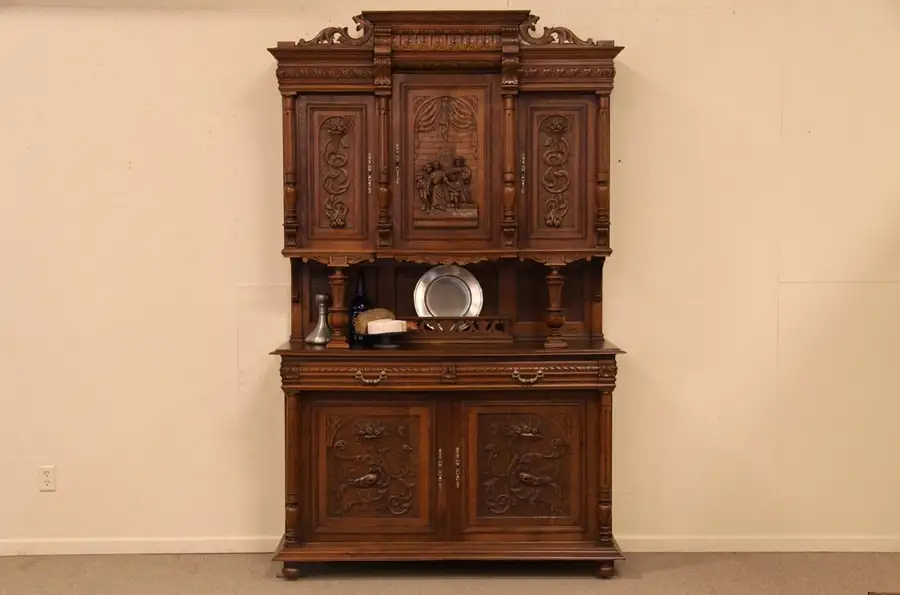 Main image of Carved Antique Cabinet, French Brittany Folk Scene