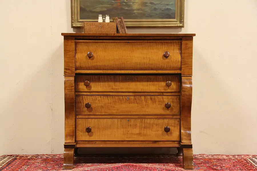 Main image of American Empire 1830's Antique Curly Tiger Maple Chest or Dresser