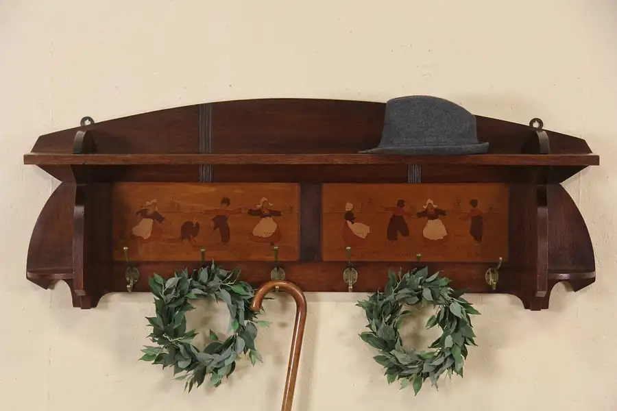 Main image of Dutch 1910 Antique Oak Coat & Hat Rack, Folk Painting, Wall Mount