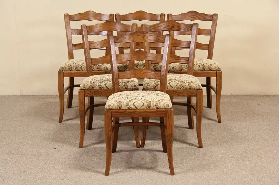 Main image of Set of 6 Oak Traditional Country Vintage Dining Chairs, New Upholstery