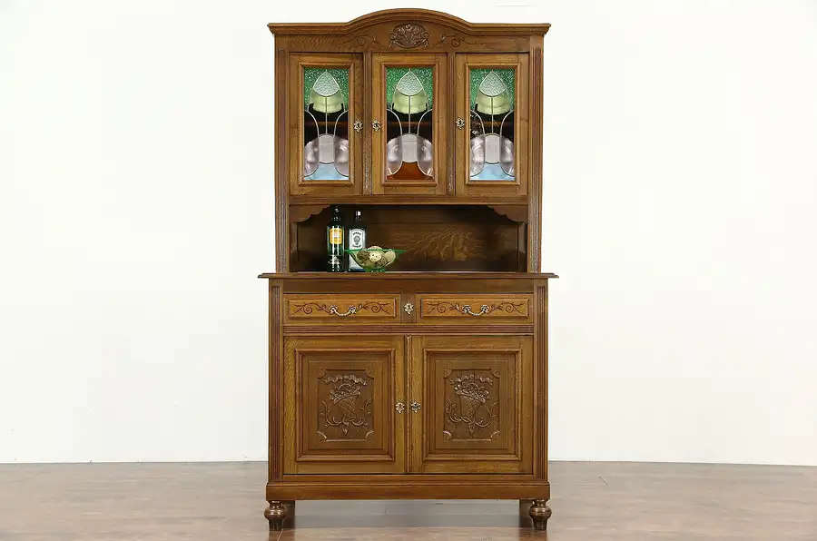 Main image of Oak Scandinavian 1910 Antique Sideboard & China Cabinet, Stained Glass Doors