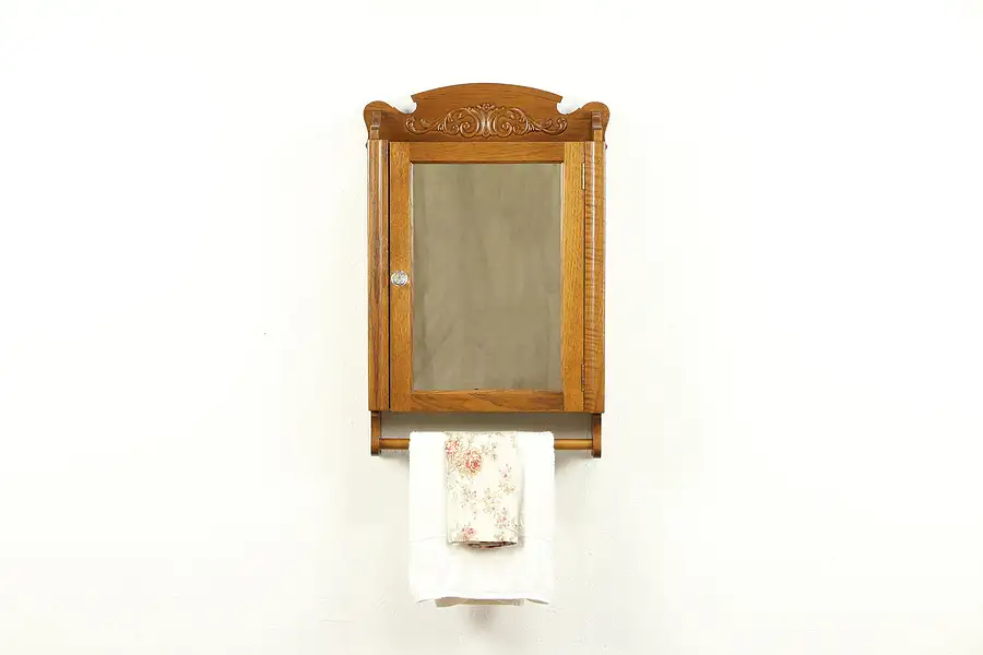 Main image of Oak Antique Medicine or Barber Shop Cabinet, Towel Bar, Signed Twin City