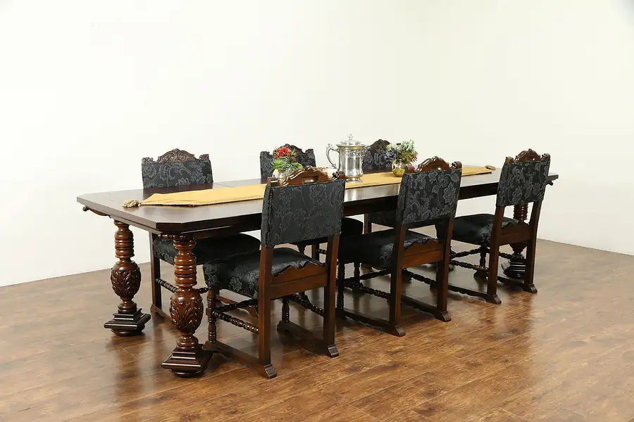 Main image of Renaissance Antique Carved Walnut Dining Set, 6 Chairs, 10' Table, Colby