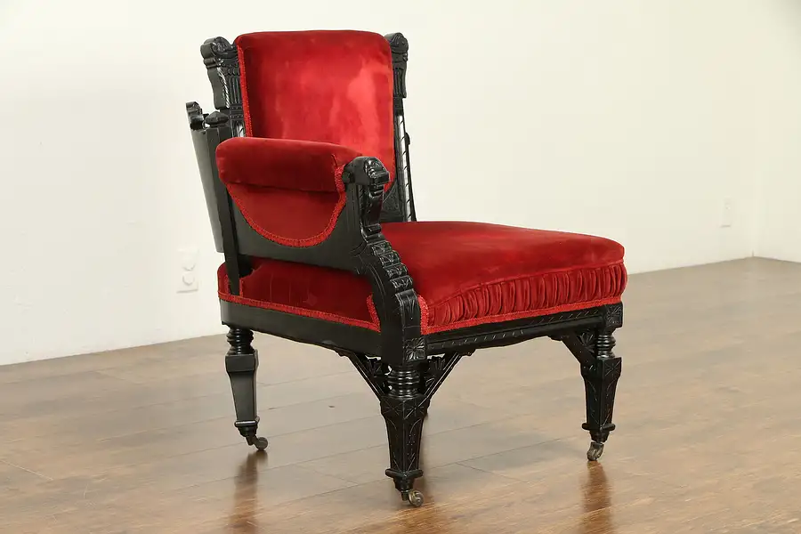 Main image of Victorian Eastlake Antique Carved Cherry Ebonized Corner Chair Old Velvet
