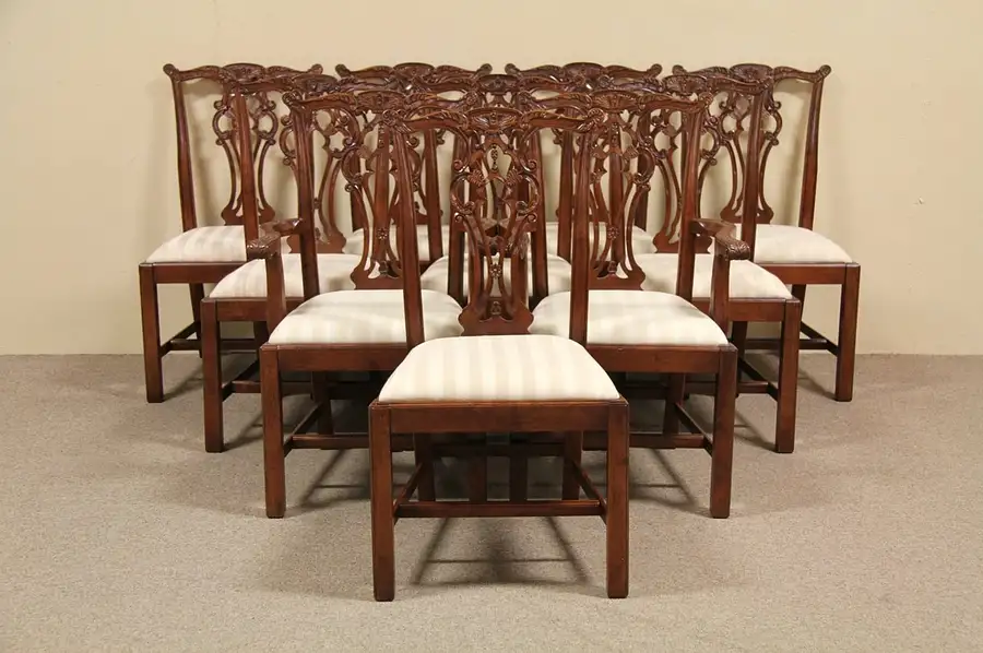 Main image of Set of 12 Hand Carved Mahogany Dining Chairs