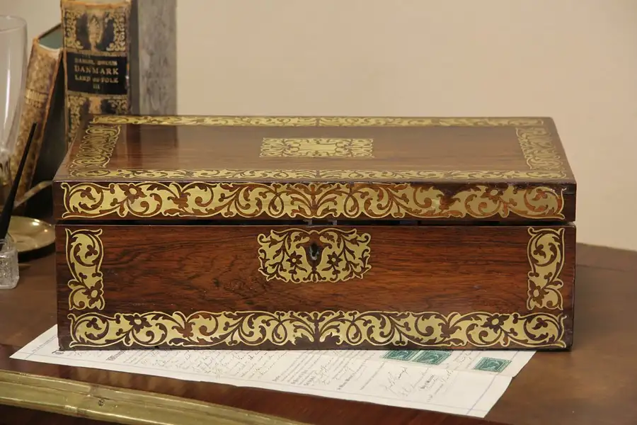 Main image of Rosewood & Brass Inlay English 1860 Antique Lap or Travel Desk