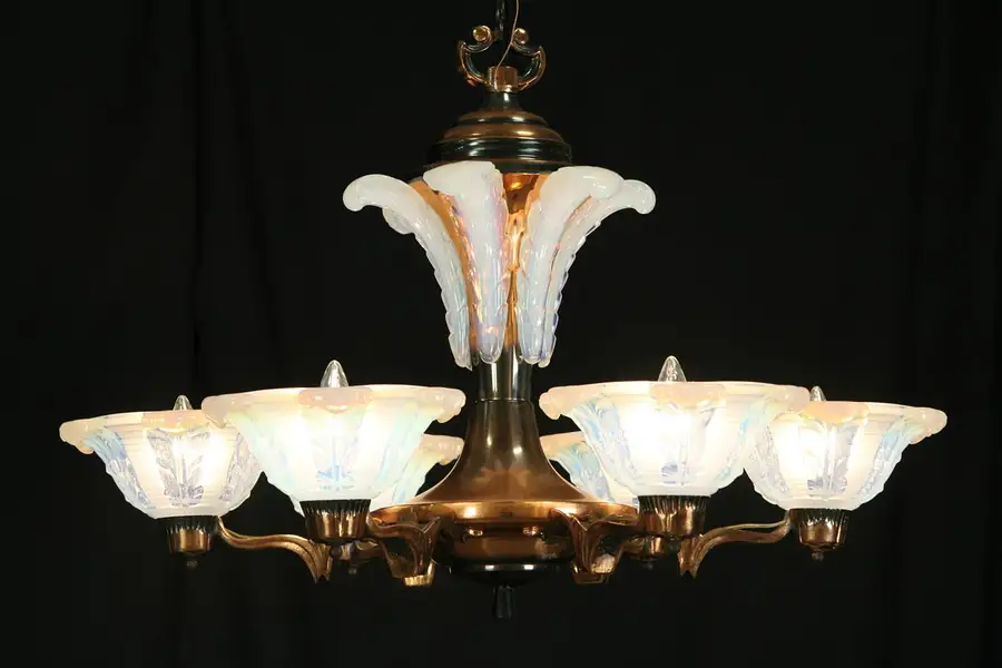 Main image of French Art Deco 1925 Antique Copper Chandelier, Opal Glass Shades