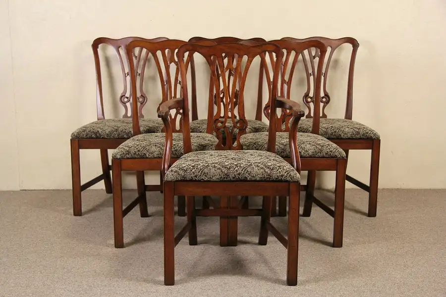 Main image of Set of 6 Signed Davis Georgian Vintage Mahogany Dining Chairs, New Upholstery
