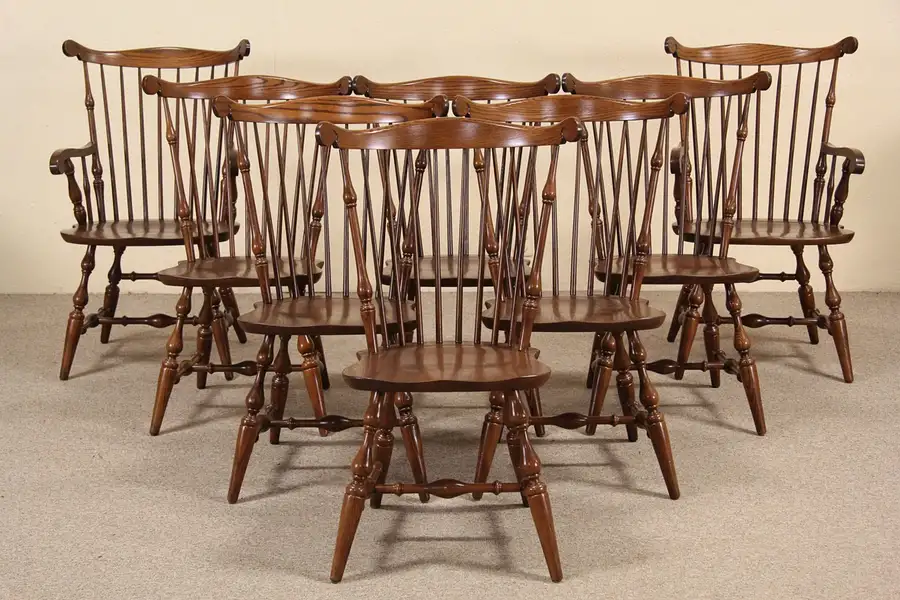 Main image of Set of 8 Oak 1990 Nichols & Stone Windsor Dining Chairs, 2 with Arms