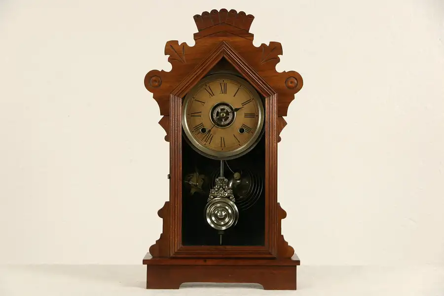 Main image of Ansonia NY Signed Antique 1890 Walnut Clock w/ Alarm