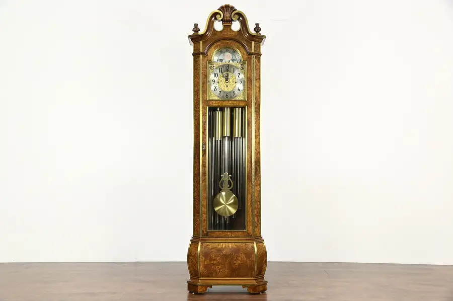 Main image of Herschede Signed 9 Tube Vintage Grandfather Clock, Burl Case