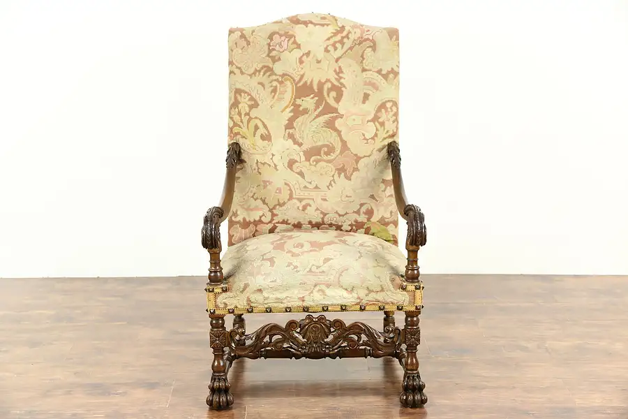 Main image of French Carved Walnut Antique 1895 Hall or Throne Chair, Original Needlepoint