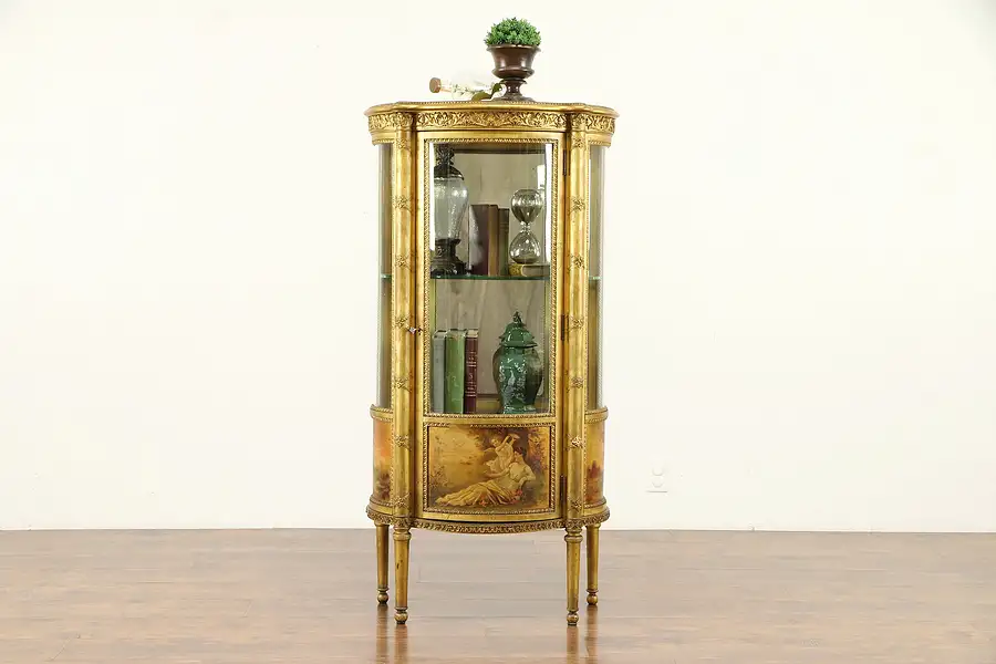 Main image of French Gold Leaf Hand Painted Antique Vitrine China or Curio Cabinet
