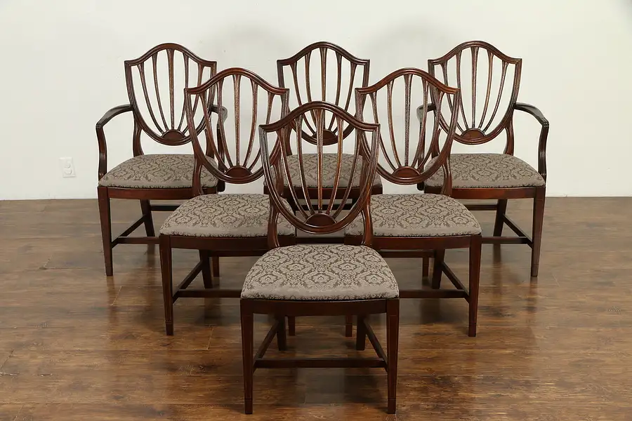 Main image of Set of 4 Shield Back Mahogany Vintage Dining Chairs, New Upholstery