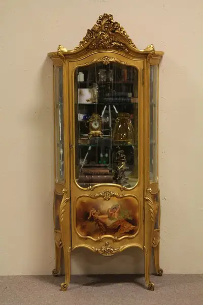 Main image of Antique Gold Painted Curved Glass China Curio Cabinet