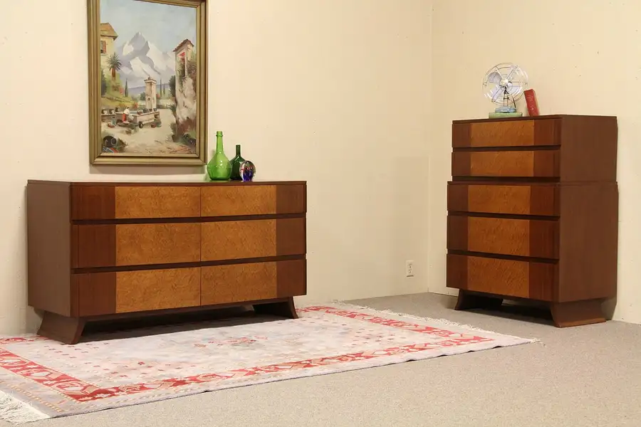 Main image of Pair Mid Century Dresser and Chest, Birdseye Maple
