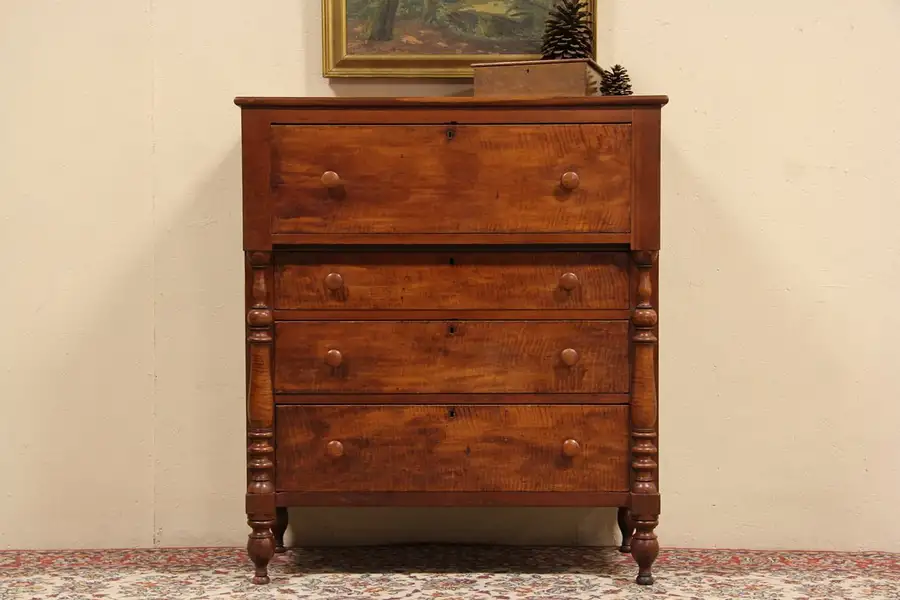 Main image of Cherry & Tiger Maple 1840 Antique Empire Chest or Dresser