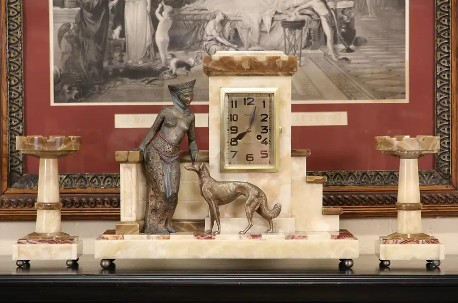 Main image of French Art Deco 1925 Antique Onyx & Marble 3 pc. Statue Mantel Clock Set