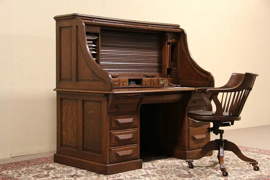 Main image of Oak 1900 Antique Double Roll Top 5' Raised Panel Desk