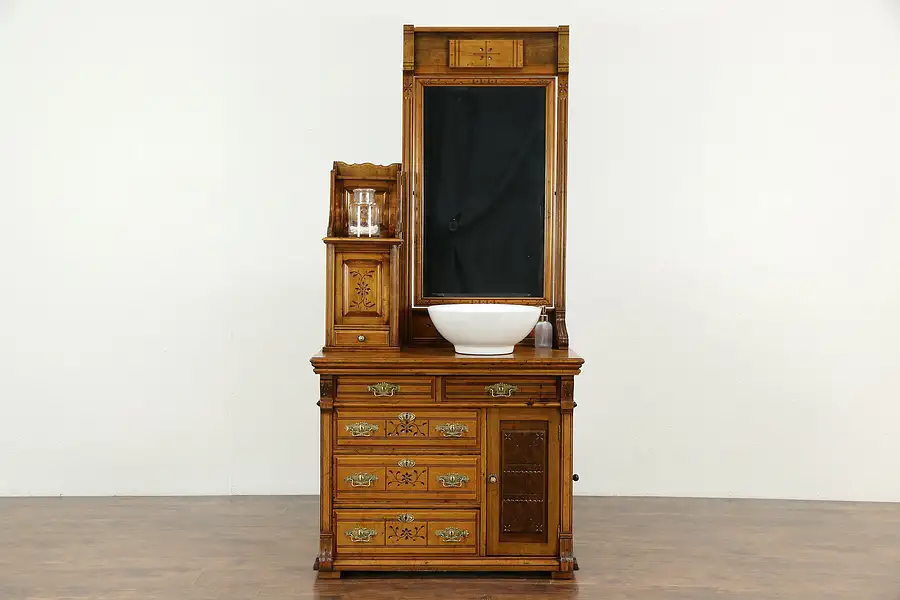 Main image of Victorian Eastlake Antique 1870 Maple Ship Commode Chest & Mirror