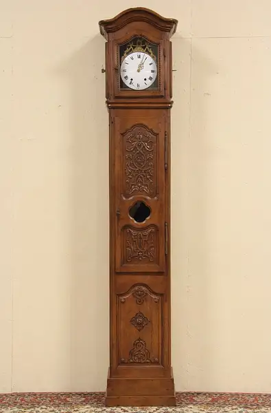 Main image of Country French Carved Antique 1830's Tall Case Grandfather Clock
