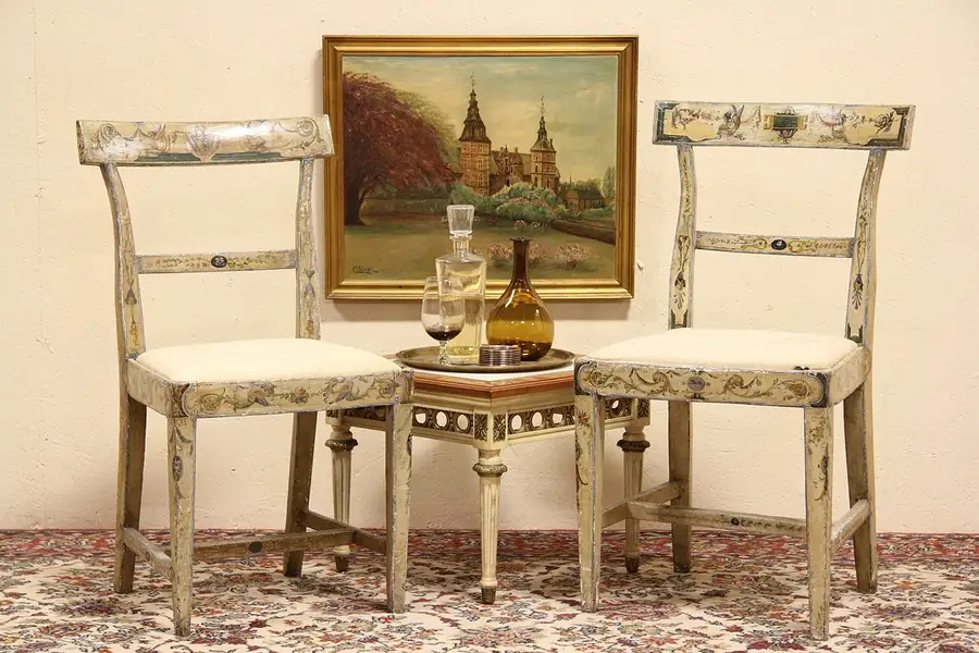 Main image of Pair Hand Painted Italian 1810 Antique Chairs