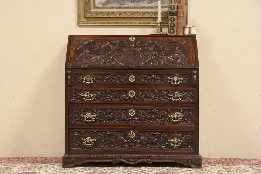 Main image of Carved 1880 Antique Secretary Desk, Coat of Arms & Birds