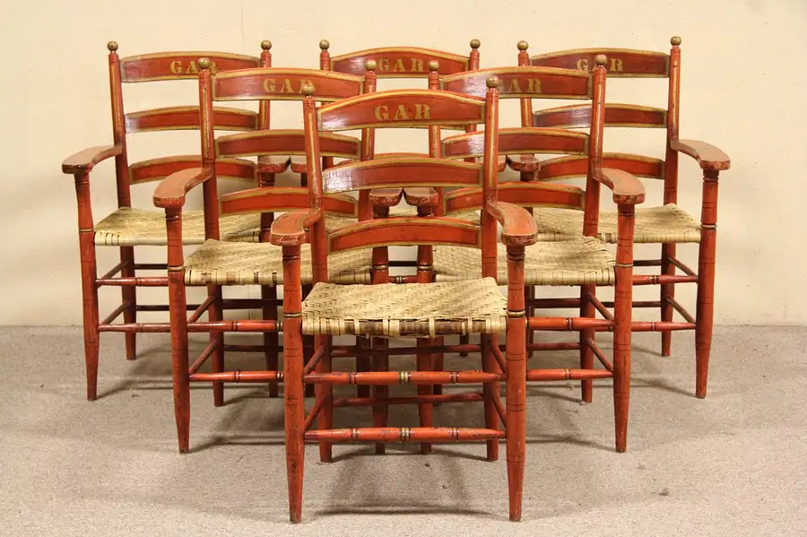 Main image of Set of 6 GAR Civil War Veterans 1880 Antique Lodge Armchairs