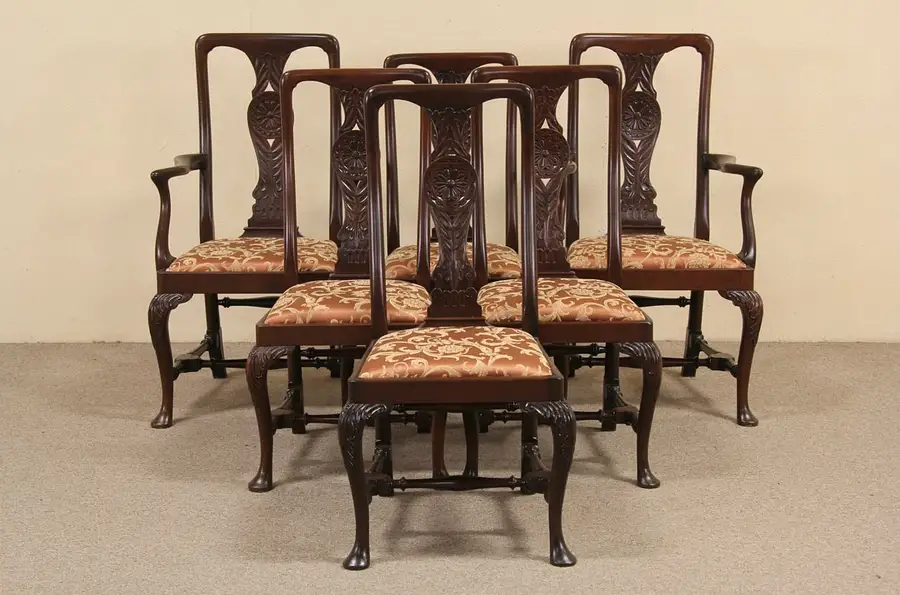 Main image of Set of 6 Antique 1900 Carved Dining Chairs, Signed Edwards of London