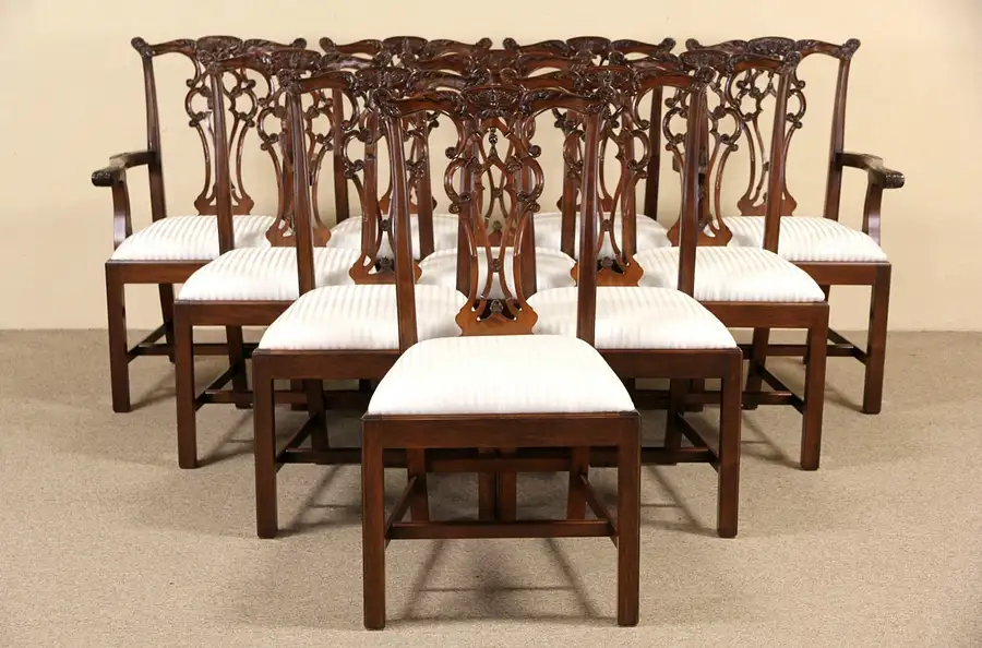 Main image of Set of 10 New Georgian Chippendale Carved and Pierced Mahogany Dining Chairs