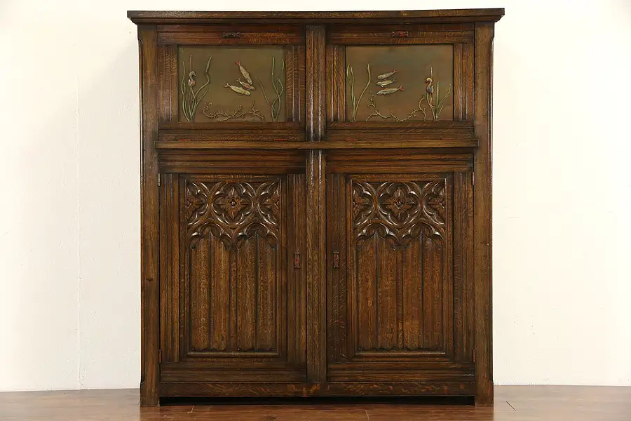 Main image of Gothic Carved Oak 1920 Antique Dutch Bar Cabinet, Painted Ocean Scenes