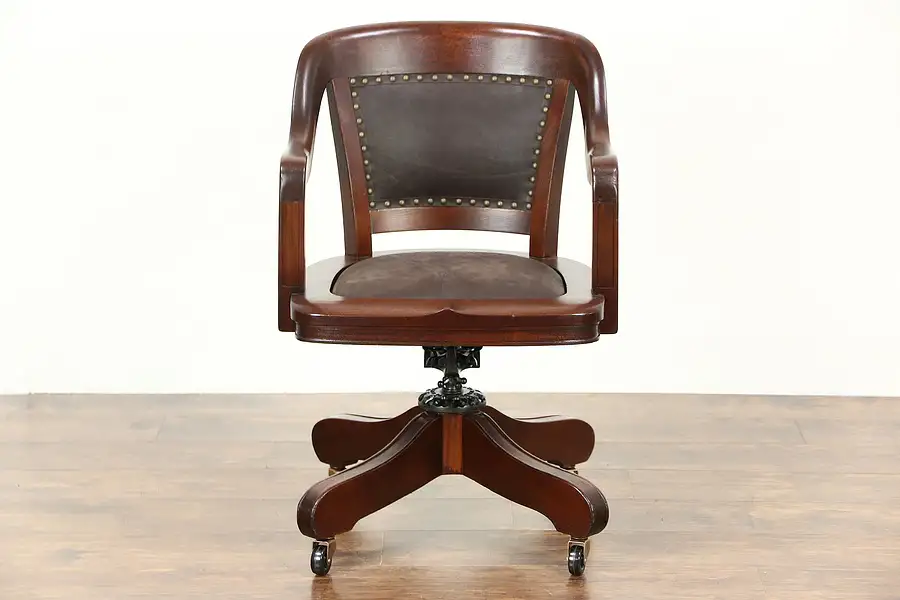 Main image of Swivel Adjustable Antique Desk Chair, Mahogany, Leather, Signed & Pat. 1914